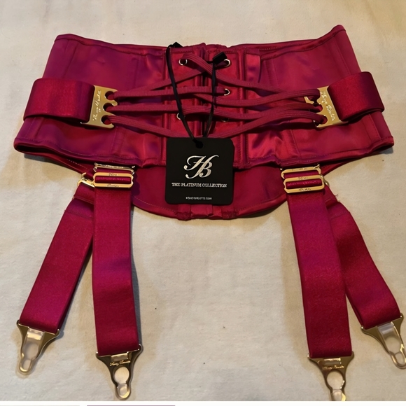 Honey Birdette  CHASTITY- Magenta Lace-Up Waist Cincher with Garter Straps - Picture 2 of 3